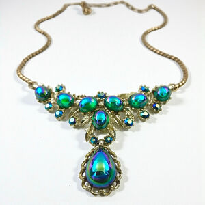 Vintage Coro Peacock Green Polychrome Cabochon Necklace Rhinestone Statement.